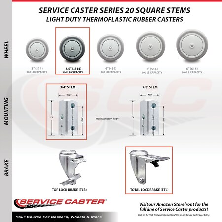 Service Caster 3.5 Inch Thermoplastic Rubber 3/4 Inch Square Stem Caster Total Lock Brake SCC SCC-SQTTL20S3514-TPRB-34